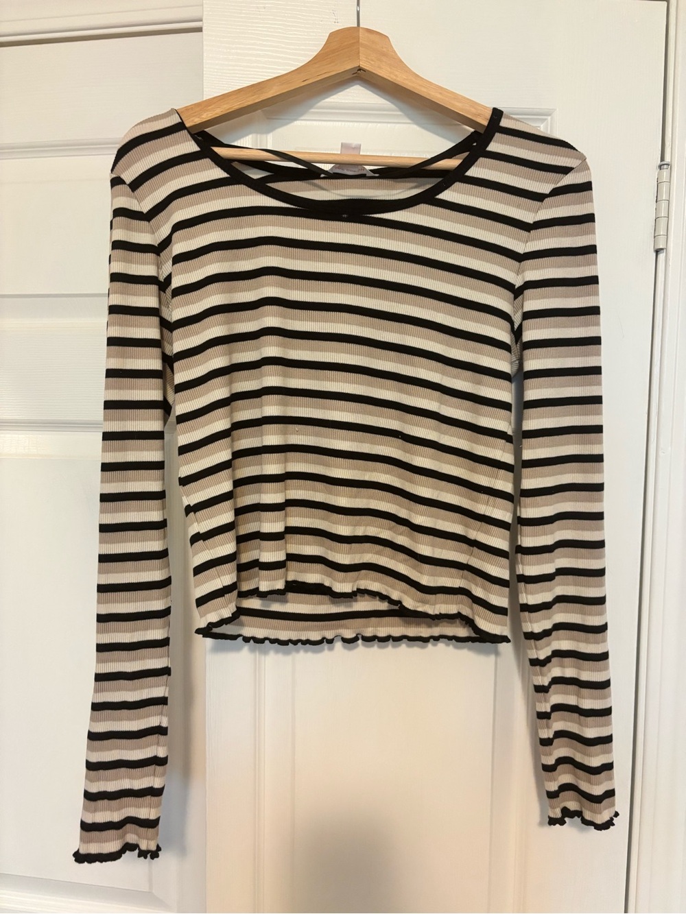 Joe Fresh Striped Long-Sleeve Ribbed Top - Black & Cream